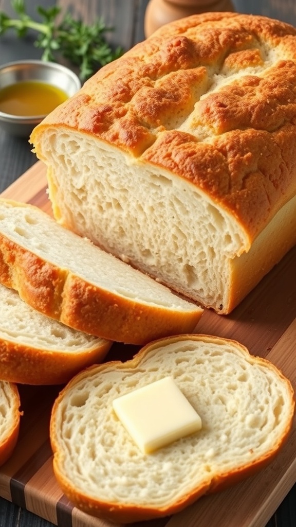 Sliced zero carb keto bread on a cutting board with butter, showcasing its fluffy texture.
